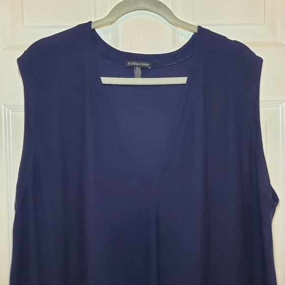 EILEEN FISHER Dress L Washable Stretch CrepeJumper V-Neck Sleeveless Navy Blue - Picture 2 of 12